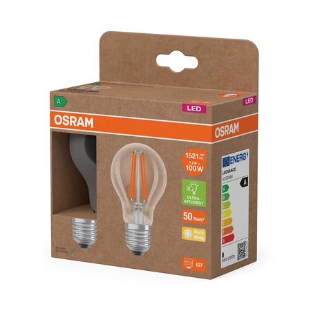 2x Żarówka LED A60 E27 7.2W = 100W 1521lm 2700K Ciepła 300° Filament CLASSIC ENERGY EFFICIENCY Osram