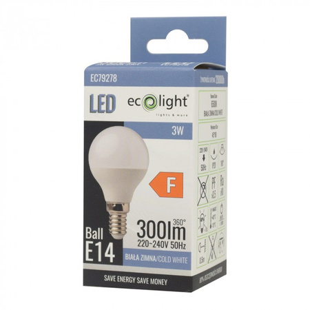 Żarówka LED Kulka P45 E14 3W 270lm 6500K Zimna Ecolight