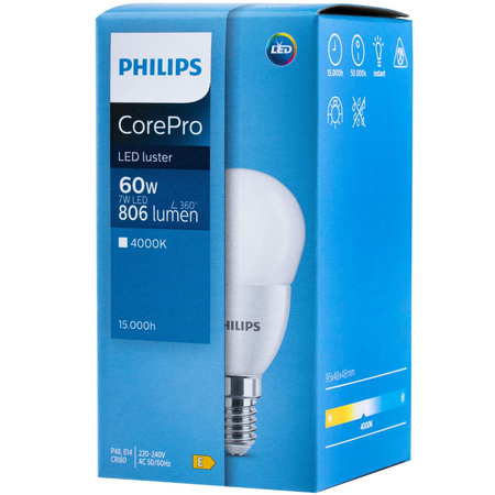 Żarówka LED E14 7W = 60W 806lm 4000K Neutralna KULKA PHILIPS