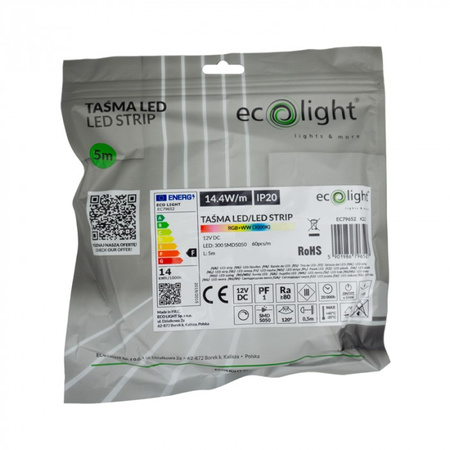 Taśma LED Pasek SMD 5050 14.4W/m 60LED/m 12V 3000K Wielokolorowa RGB + Ciepła IP20 Rolka 5m Ecolight