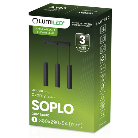 Lampa Wisząca Sufitowa Zwis 29cm Reflektor 3x GU10 LED SOPLO Czarny LUMILED