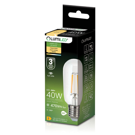 Żarówka LED E27 T45 FILAMENT 4W = 40W 470LM 3000K Ciepła 360° Ozdobna LUMILED