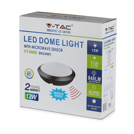 Plafon LED Lampa Sufitowa 12W 3000K 840lm IP66 Okrągła Z czujnikiem mikrofalowym Czarna VT-8008 V-TAC
