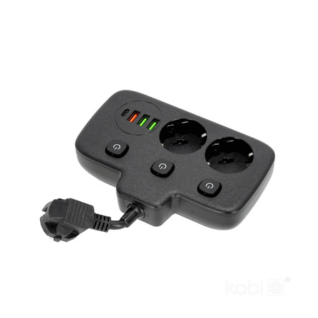 Rozgałęźnik KOBI LINEA FL 2x230V Uziemienie 3 Wyłączniki 4xUSB Czarny