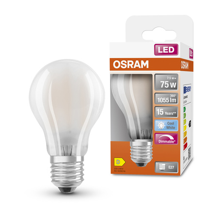 Żarówka LED E27 A60 7,5W = 75W 1055lm 4000K Neutralna 300° Filament Ściemnialna OSRAM SUPER STAR