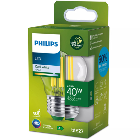 Żarówka LED E27 Kulka P45 2.3W = 40W 485lm 210lm/W 4000K Neutralna 300° KLASA A UltraEfficient Philips