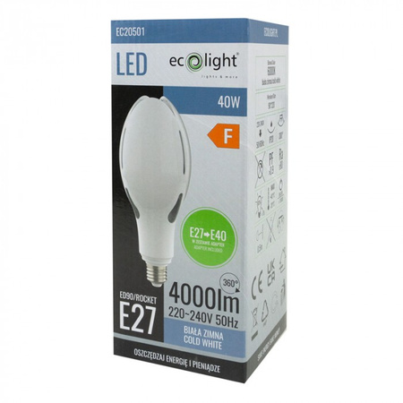 Żarówka LED E27 40W 4000lm 6000K Zimna Rocket Ecolight