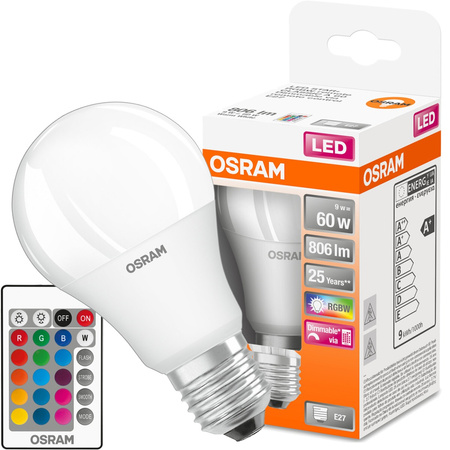 Żarówka LED E27 A60 9W = 60W 806lm RGBW 180° OSRAM Star + PILOT