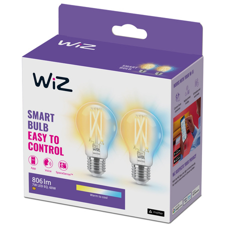 2x Żarówka LED E27 A60 7W = 60W 806lm 2700-6500K TW FILAMENT Inteligentna SMART WiFi Bluetooth Aplikacja WiZ