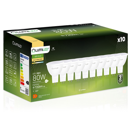 Zestaw 10x Żarówka LED GU5.3 MR16 8W = 80W 720lm 3000K Ciepła 120° 12V LUMILED