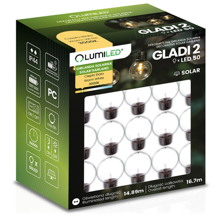 Girlanda Solarna Ogrodowa 50x LED Ozdobne Kuleczki 16.7m Ciepła 3000K GLADI 2 LUMILED