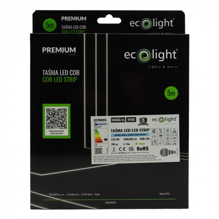 Taśma LED Pasek COB 7W/m 560lm/m 480LED/m 12V 6000K Zimna IP20 Rolka 5m Ecolight