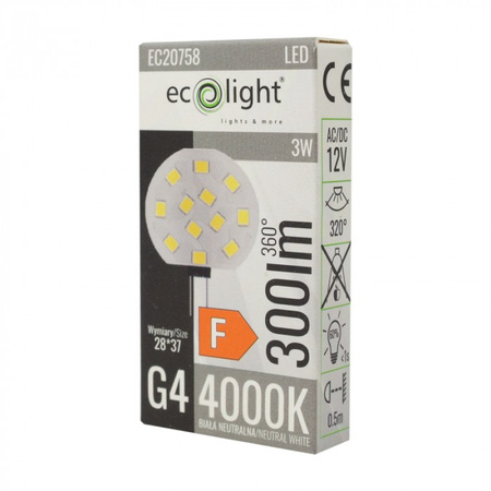 Żarówka LED Kapsułka G4 3W 280lm 4000K Neutralna 12V Ecolight
