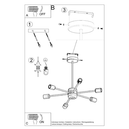 Lampa Sufitowa Wisząca Zwis 6x E27 Żyrandol Nieregularna Czarna Nowoczesna Lango Sollux