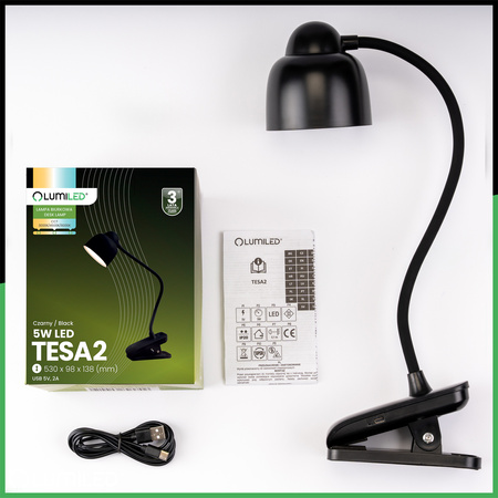 ZESTAW Lampka Biurkowa LED 5W CCT Kreślarska Stołowa Szkolna TESA 2 Czarna + Adapter USB 5V/1A DC LUMILED