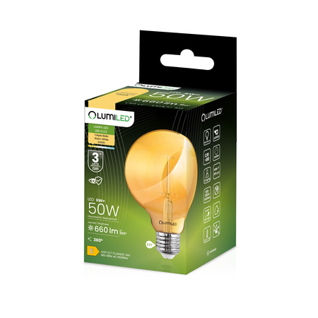 Żarówka LED E27 Kula G95 6W = 50W 660lm 2000K Ciepła 360° BURSZTYNOWA FILAMENT LUMILED
