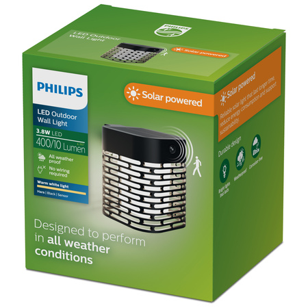 Kinkiet Ogrodowy Lampa Zewnętrzna Elewacyjna Solarny 3.8W 400lm 2700K Ciepła IP44 Czarna z Czujnikiem Ruchu Hara Philips