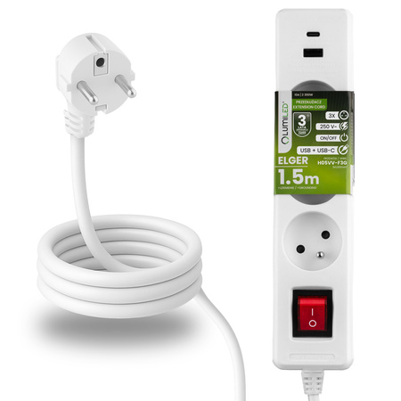 Przedłużacz Sieciowy Kabel z Uziemieniem Listwa Zasilająca 3 Gniazda 1.5m Włącznik ON/OFF Biały USB + USB-C Sznur ELGER Lumiled