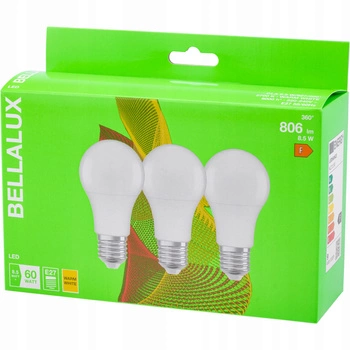 3PAK Żarówka LED E27 A60 8,5W = 60W 806lm 2700K Ciepła 200° BELLALUX