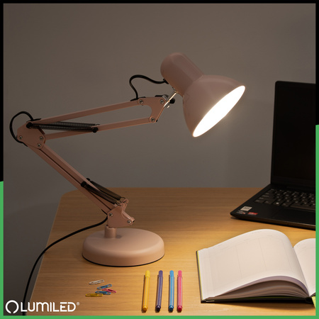 Lampka Biurkowa Kreślarska Stołowa E27 TOBI Pastelowy Różowy Lumiled + uchwyt na blat