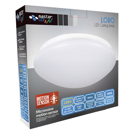 Plafon Lampa Oprawa Sufitowa 1x E27 Natynkowy z Czujnikiem Ruchu Okrągły Biały LOBO Masterled