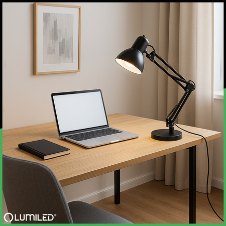 Lampka Biurkowa Kreślarska Stołowa E27 TOBI Czarna Lumiled + Uchwyt na Blat