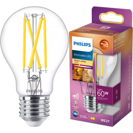 Żarówka LED E27 A60 5.9W = 60W 806lm 2200-2700K Ciepła CRI90 FILAMENT Ściemnialna WarmGlow Philips