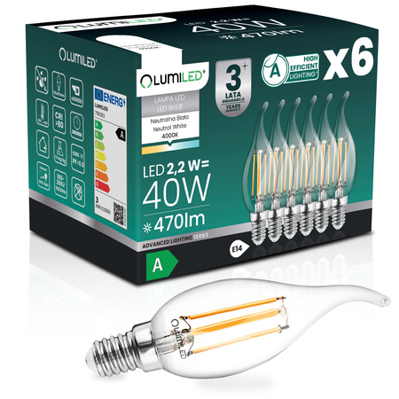 6x Żarówka LED E14 Świeczka BA35 2,2W 470lm = 40W 4000K Neutralna 360° Filament KLASA A LUMILED