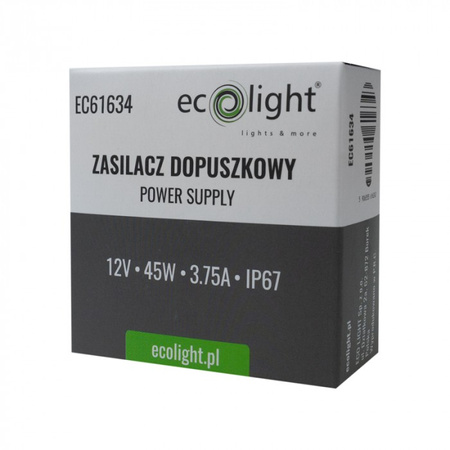 Zasilacz dopuszkowy FI60 do Taśm LED 45W 12V 3.75A Hermetyczny IP67 Ecolight