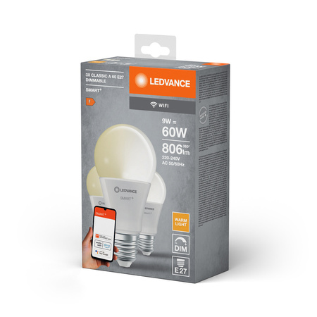 3PAK Żarówka LED E27 A60 9W 806lm 2700K Ciepła SMART+ WiFi Ściemnialna Classic LEDVANCE