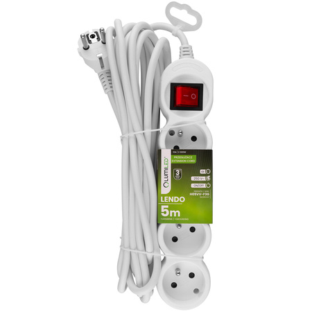 Przedłużacz Sieciowy Kabel z Uziemieniem Listwa Zasilająca 4 Gniazda 5m Włącznik ON/OFF Biały Sznur Lendo Lumiled