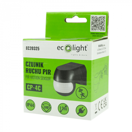 Czujnik Ruchu i Zmierzchu PIR IP44 Natynkowy Czarny 12m 180° CP Ecolight