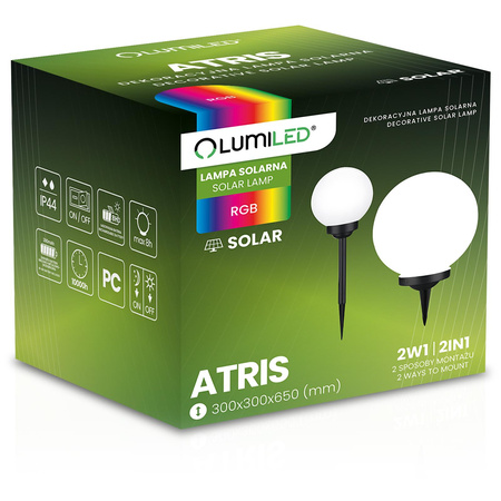 Lampa Solarna Ogrodowa LED ATRIS Wbijana Naziemna Biała Kula 30cm RGB LUMILED