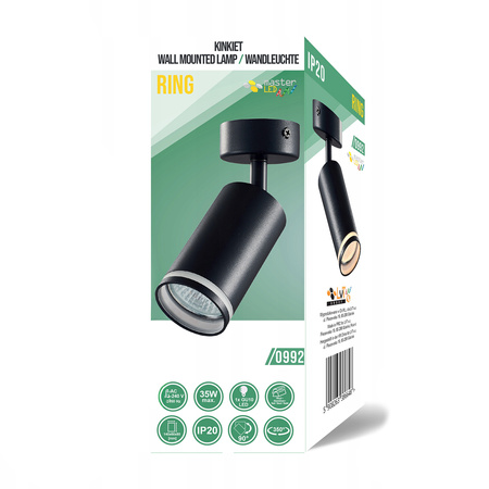 Lampa Ścienna Reflektor Kinkiet Spot GU10 Ruchomy Czarny Ring Masterled