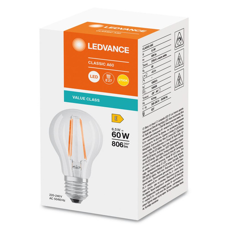 Żarówka LED A60 E27 6.5W = 60W 806lm 2700K Ciepła Biała FILAMENT LEDVANCE
