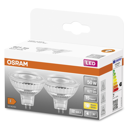 2x Żarówka LED MR16 Reflektor GU5.3 6.5W = 50W 621lm 2700K Ciepła 12V 36° STAR Osram