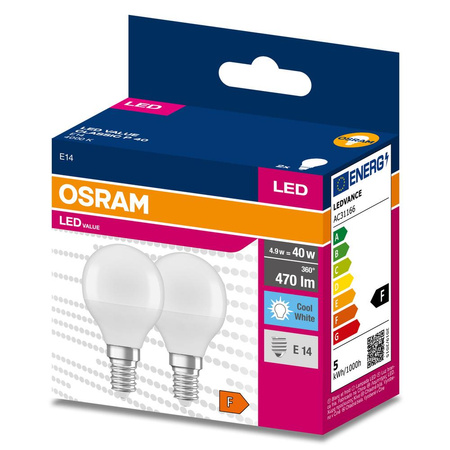 2x Żarówka LED P45 Kulka E14 4.9W = 40W 470lm 4000K Neutralna 200° VALUE CLASSIC Osram