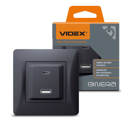 Gniazdo z Ramką USB-A + USB-C 20W 16A Natynkowe Czarne BINERA VIDEX