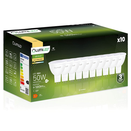 Zestaw 10x Żarówka LED MR16 GU5.3 6W = 50W 580lm 3000K 12V Ciepła 120° LUMILED