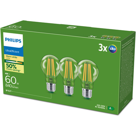 3x Żarówka LED E27 A60 4W = 60W 840lm 210lm/W 2700K Ciepła 300° KLASA A UltraEfficient Philips
