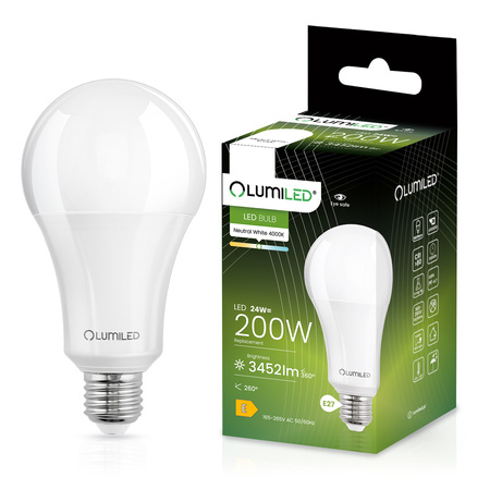 Żarówka LED E27 A60 24W = 200W 3452lm 4000K Neutralna 260° LUMILED