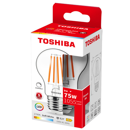 Żarówka LED E27 A60 9W = 75W 1055lm 2700K Ciepła Filament Ściemnialna TOSHIBA