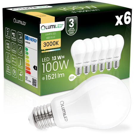 6x Żarówka LED E27 A60 13W = 100W 1521lm 3000K Ciepła 260° LUMILED