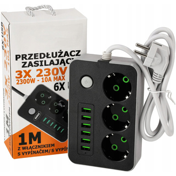 Przedłużacz Sieciowy Wtyk -3x gniazdo + 6x USB z Uziemieniem i Wyłącznikiem Listwa Zasilająca 1m 3x1mm 16A Czarny/Szary