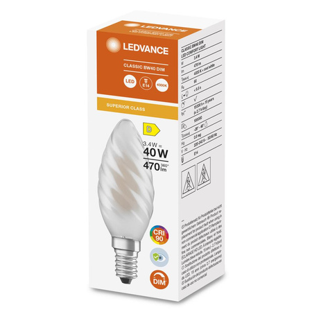 Żarówka LED Świeczka E14 BW40 3,4W = 40W 470lm 4000K Neutralna 300° CRI90 Filament Mleczna Ściemnialna LEDVANCE Superior