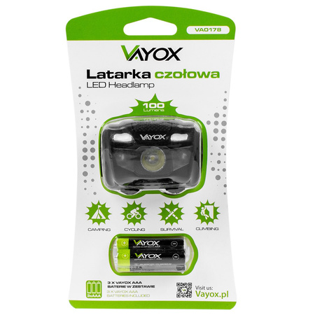 Latarka Akumulatorowa Czołowa 100lm LED + 2x LED VA0178 VAYOX