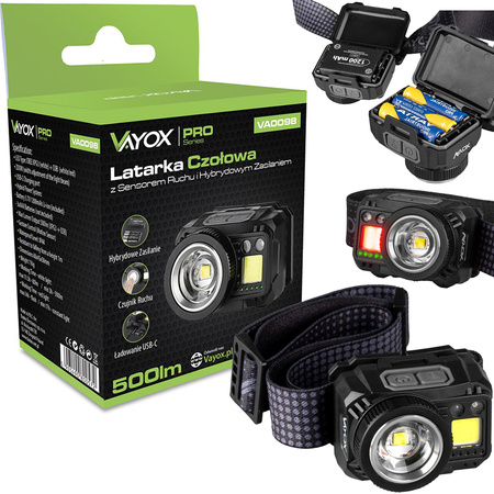 Latarka Czołowa LED XPG3 + COB Zoom Hybrydowe Zasilanie Sensor Ruchu VA0098 Vayox