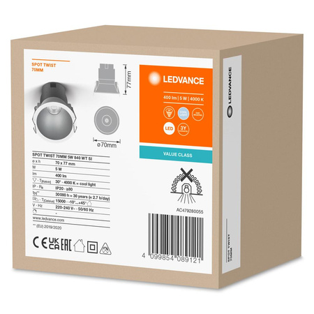 Panel LED Oprawa Podtynkowa Punktowa 5W 400lm 4000K Neutralna Oczko Spot Biały Srebrny Downlight Slim Ledvance