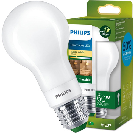 Żarówka LED Kulka E27 210.9lm/W A60 4W = 60W  840lm 2700K Ciepła Filament PHILIPS Ultra Efficient