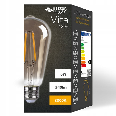 Żarówka LED E27 ST64 6W = 50W 650lm 2200K Ciepła 360° Filament dymiona